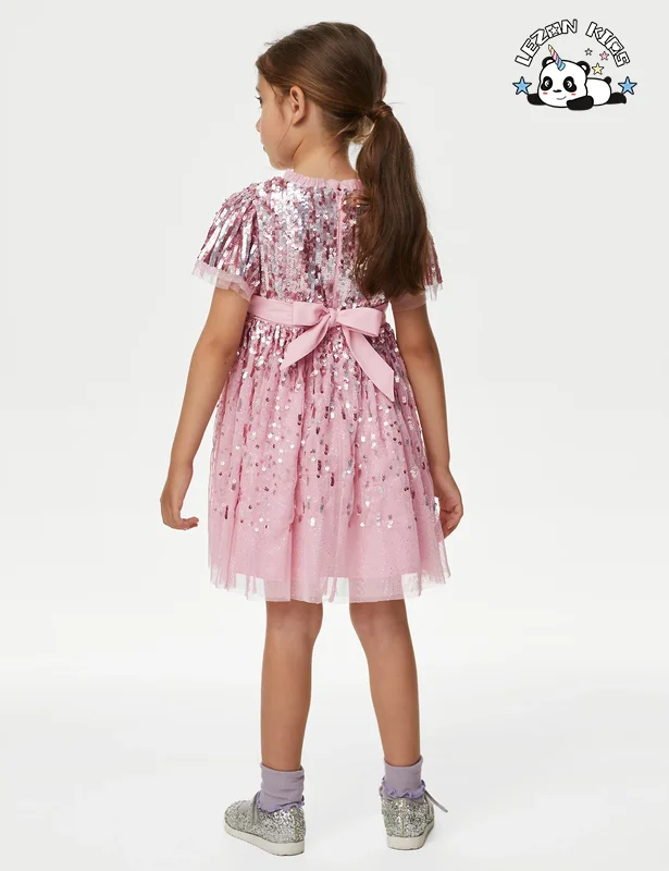 LEZONKIDS - Customizable Style Customization Gradient Color Sequin O Neck Elegant Small Girls Sequin Dresses